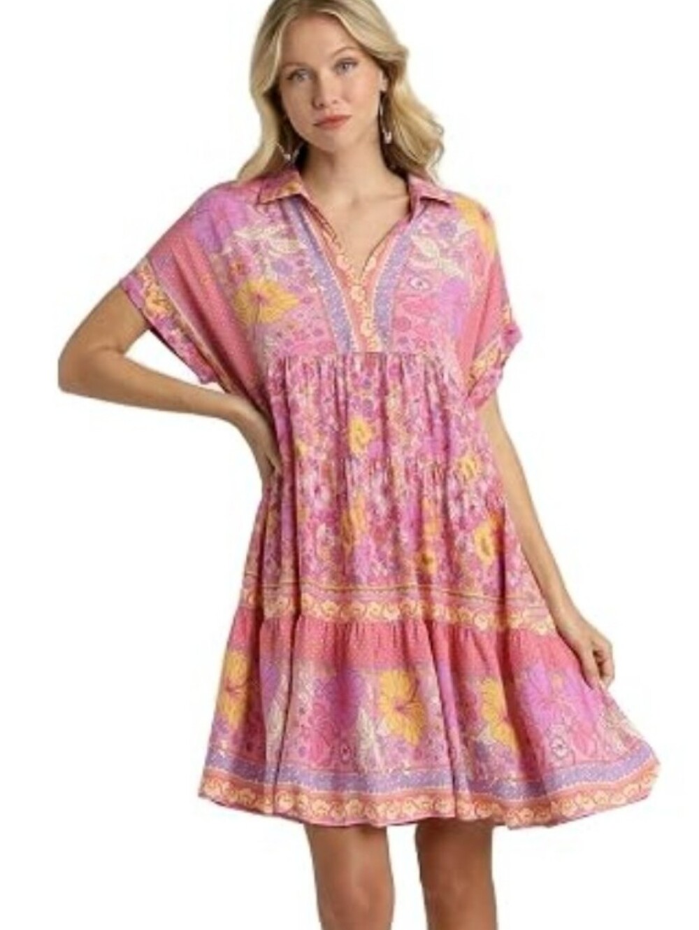 Umgee Pink Floral Boho Collared Swing Dress Mixed Border Print Tiered Dress